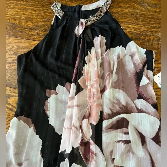 SLNY Black Floral Halter A-Line Party Mardi Gras Dress Side Slit 16 - Picture 12 of 13